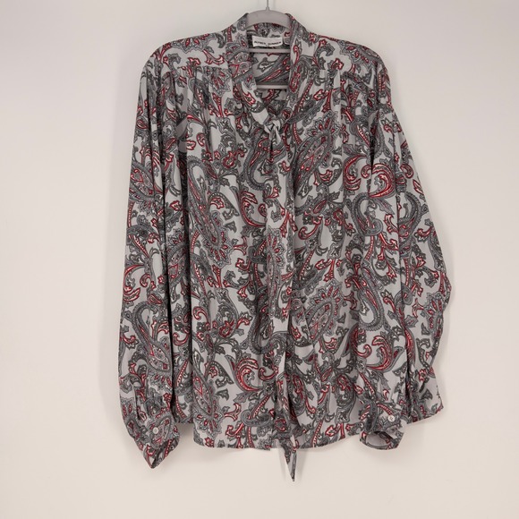 Alfred Dunner Tops - Alfred Dunner Blouse Women 42 Gray Red Paisley Tie Neck Vintage 80s Office Boho